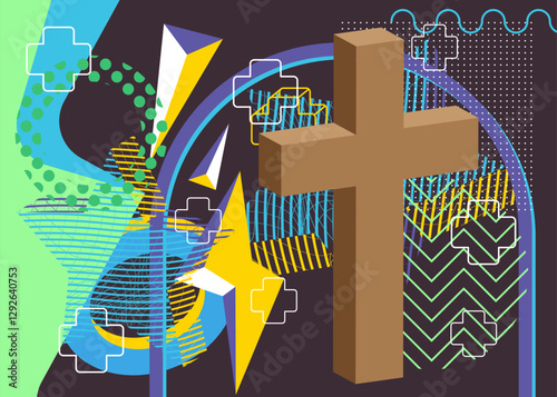 Religion cross, Crucifix geometrical graphic retro theme background. Minimal geometric elements. Vintage abstract shapes vector illustration.