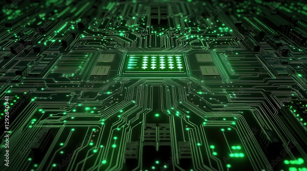 Fototapeta premium Green circuit board with glowing CPU. Illustrates technological advancement, computing power, or digital innovation.