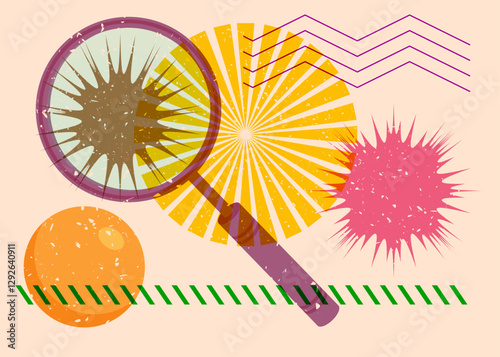 Risograph Magnifying Glass with geometric shapes. Objects in trendy riso graph print texture style design with geometry elements.