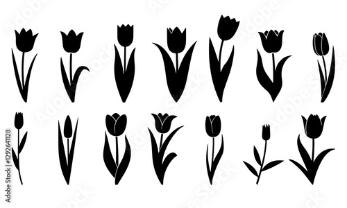 Tulip flower silhouette vector. Minimalist black floral icons . Perfect tulip flowers set for designs, patterns, logos, and floral themed decor