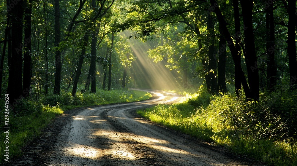 Obraz premium Sunbeams illuminate a winding dirt road through a lush green forest.