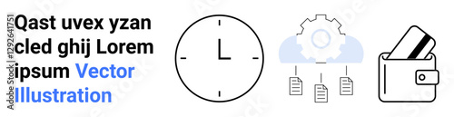 Clock showing time, cloud with gear icon representing cloud settings and document management, wallet with credit card. Ideal for business, finance, time management, technology, cloud computing