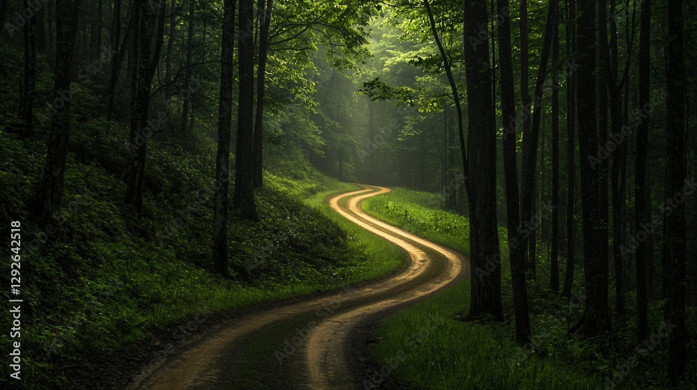 Fototapeta premium Winding dirt road through a sunlit forest.
