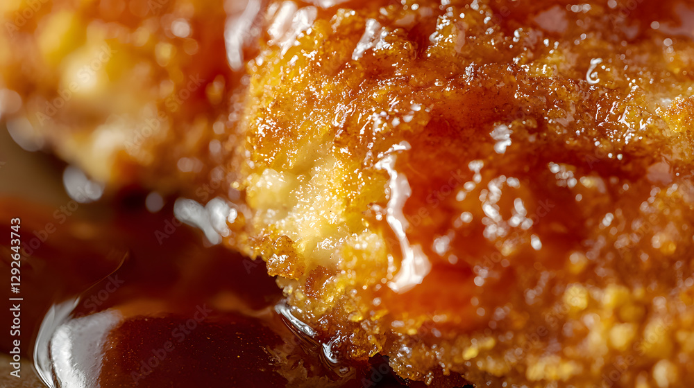 Close-up Macro Shot of Perfectly Fried Tonkatsu with Glazing Sauce Dripping Off the Crispy Surface Close-up Macro Shot of Perfectly Fried Tonkatsu with Glazing Sauce Dripping Off the Crispy Surface
