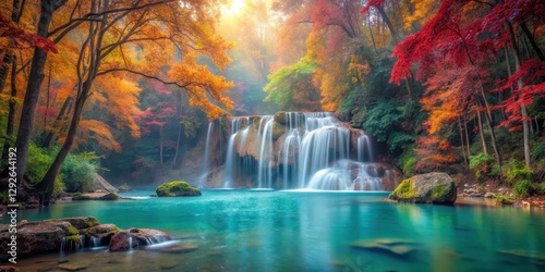 Misty autumn forest surrounding Erawan waterfall with lush greenery and vibrant colors, tropical forest, autumn forest