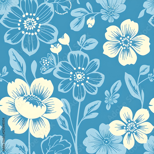 Blue and white floral pattern with flowers and leaves