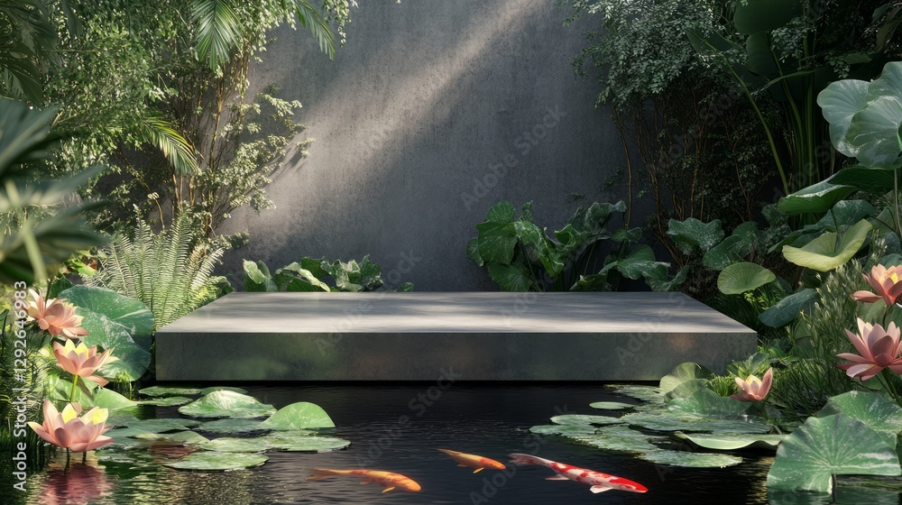 podium natural plant mockup fragrance display. Serene Koi Pond with Concrete Platform and Lush Greenery. podium natural plant mockup fragrance display. Serene Koi Pond with Concrete Platform and Lush Greenery.