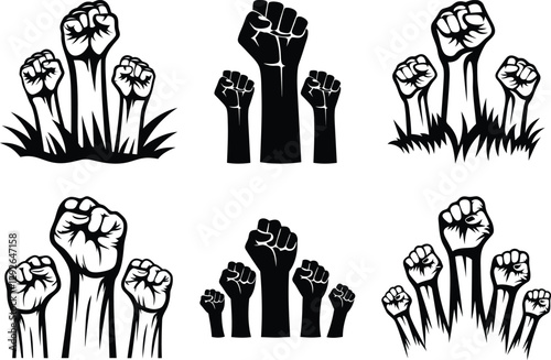 Modern and unique Hand raising fist silhouette vector art, Hand raising fist line art black vector illustration set