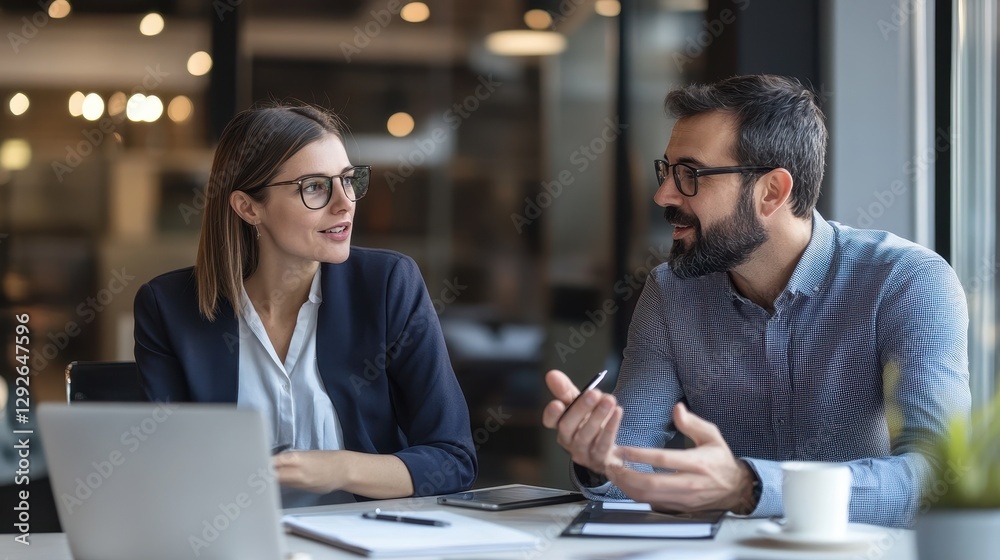 Fototapeta premium Professional colleagues discussing ideas in a modern office setting with laptop and paperwork on the table