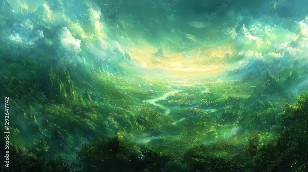 Fototapeta premium Lush Green Valley Landscape with River and Mountains Under Cloudy Sky