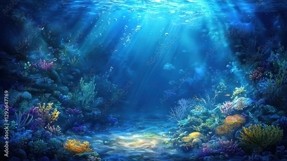 Fototapeta premium Underwater Scene Sunbeams Illuminate Vibrant Coral Reef and Fish