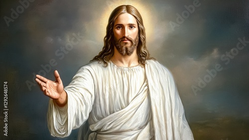 A serene depiction of Jesus Christ with outstretched hand, symbolizing peace, compassion, and divine guidance., Christmas, Easter