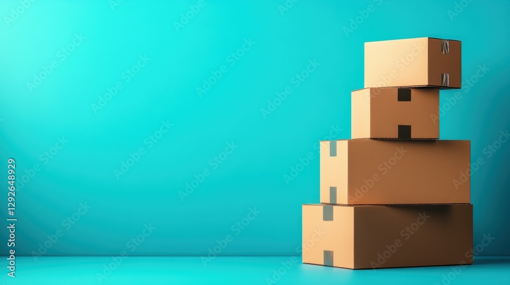 Obraz premium Stacked cardboard boxes on a vibrant turquoise background, conveying storage and shipping themes.