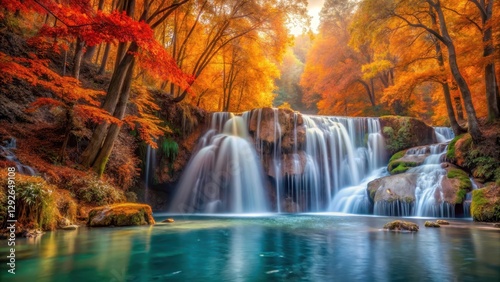 waterfall in autumn with orange trees, nature, calming,  nature, calming, landscape