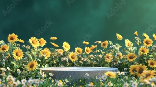 podium natural plant mockup fragrance display. Sunflowers Bloom Around Stone Product Display.