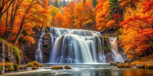 waterfall surrounded by autumn orange trees,, water, outdoors,  water, outdoors, forest, landscape, nature