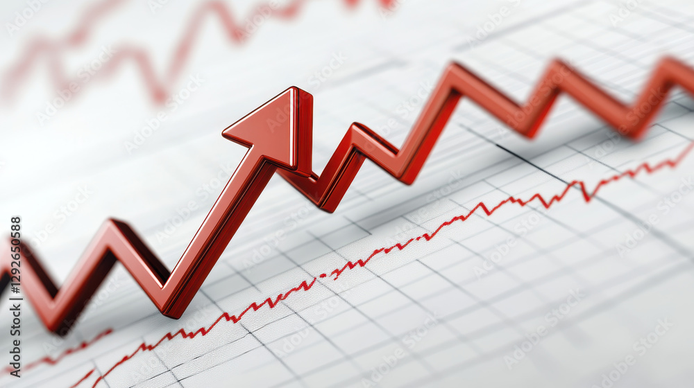 Red arrow pointing upward on a stock market graph with a white background Red arrow pointing upward on a stock market graph with a white background