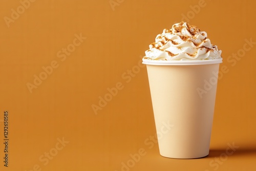 Single Paper Coffee Cup With Whipped Cream And Sprinkles Against Orange Background