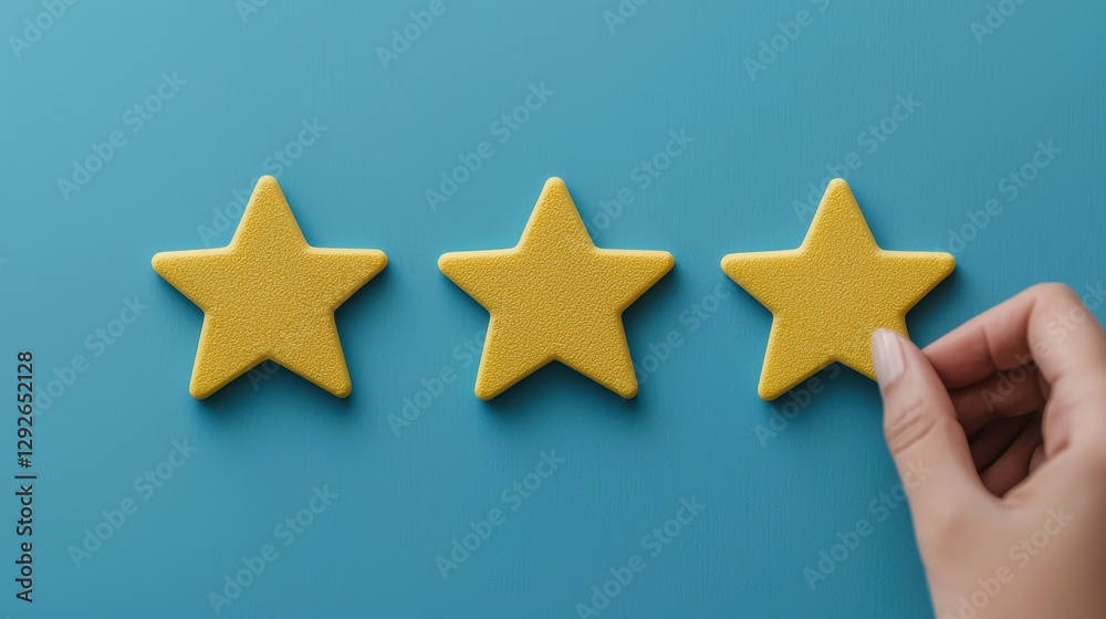 Hand Placing Yellow Star on a Background with Three Yellow Stars Representing Rating and Review Concept Hand Placing Yellow Star on a Background with Three Yellow Stars Representing Rating and Review Concept