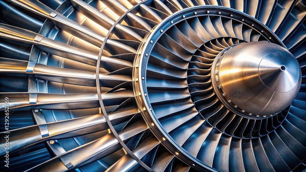 Obraz premium Close-up view of printed steel blades of turbine propeller , aircraft engine, industrial equipment