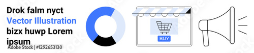 Circular analytics chart with three sections, digital storefront window featuring shopping cart and buy button, loudspeaker for advertisement. Ideal for data analysis, e-commerce, marketing