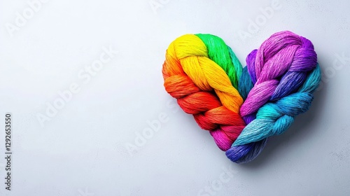 Rainbow yarn heart on white background; craft concept