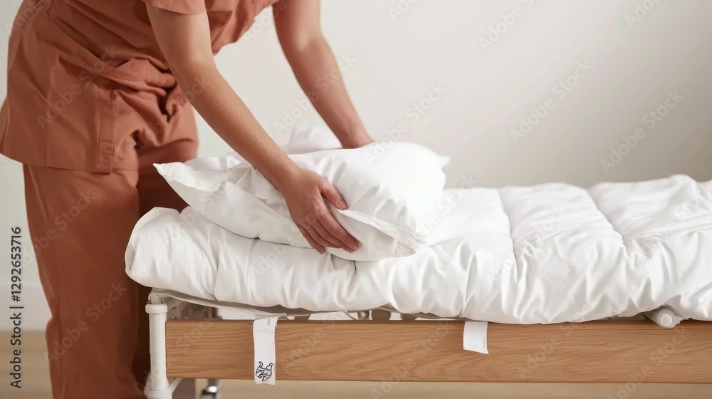 Fototapeta premium Nurse Adjusting Pillows on Hospital Bed for Patient Comfort and Care