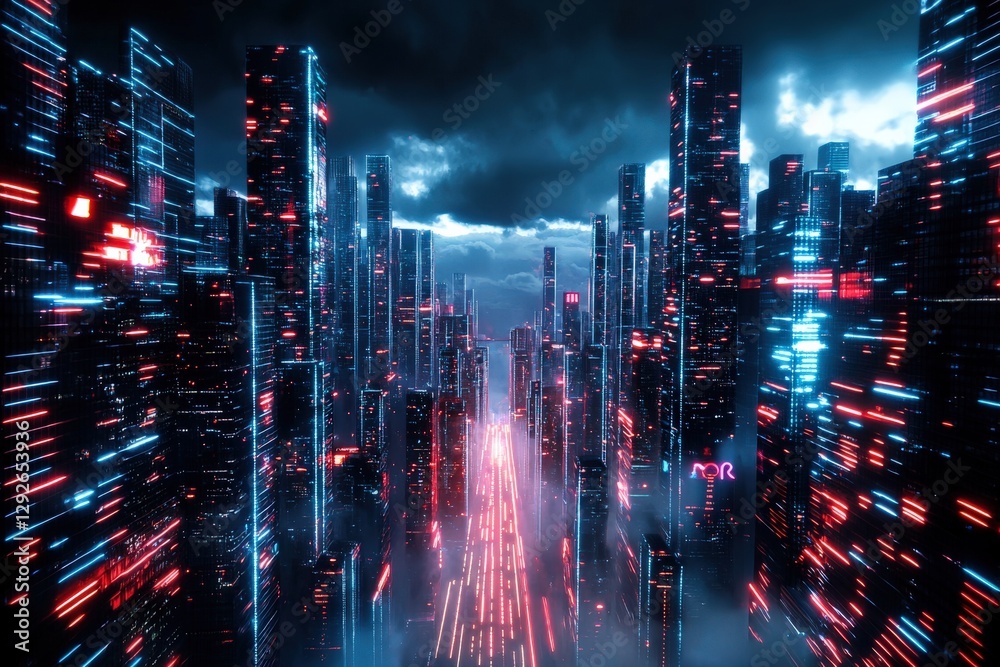 Fototapeta premium Futuristic AI-managed floating sky city, glowing neon pathways connecting digital skyscrapers in the clouds