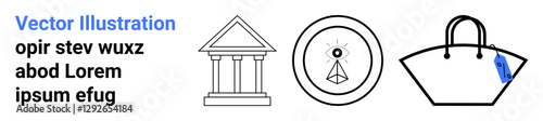 Columned building, circular geometric emblem, and a tote bag with a tag. Ideal for history, fashion, branding, architecture, education, minimal design flat landing page banner
