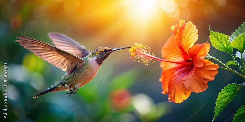 Naklejka premium Iridescent wings fluttering around a bright orange hibiscus flower as a hummingbird sips nectar, its feathers glistening in sunlight , Hummingbirds, nature