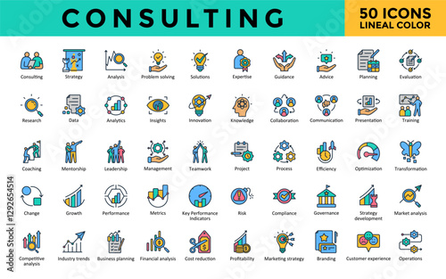 Consulting icons set with consulting, strategy, analysis, problem solving, solutions, expertise, guidance, advice, planning, evaluation icon. Simple lineal color vector 
