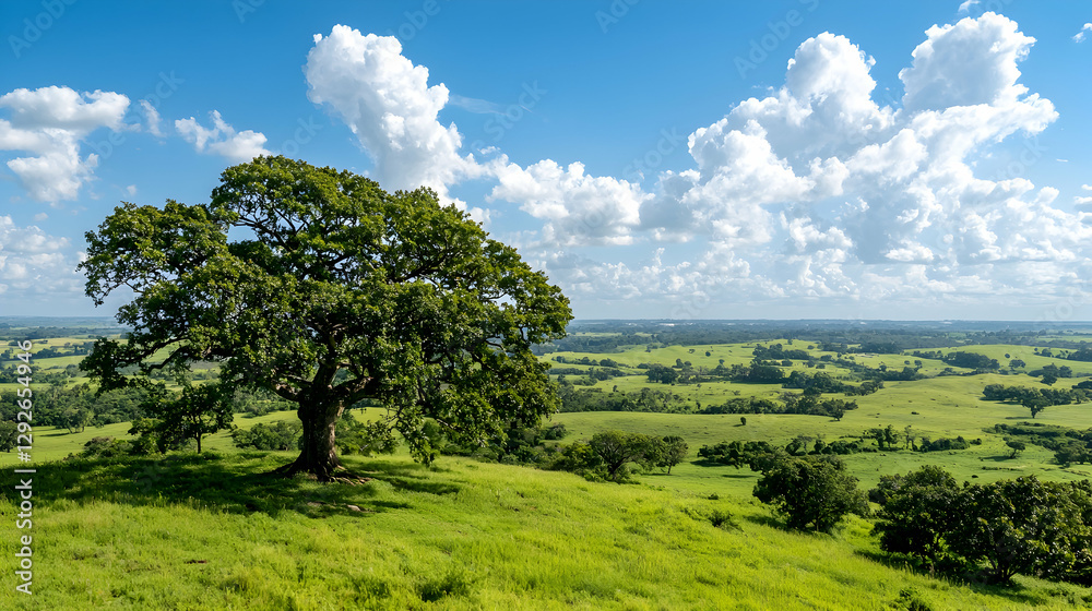 Lone oak tree on hilltop overlooking green fields, summer sky Lone oak tree on hilltop overlooking green fields, summer sky