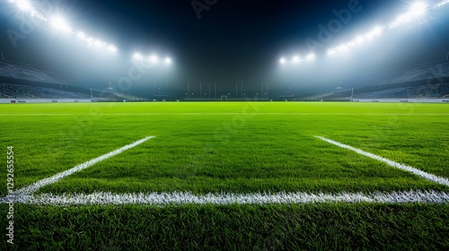 A photograph showcasing a sports field with freshly mowed green grass and white boundary lines under the bright illumination of stadium floodlights and spotlights in a night setting