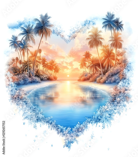 A painting of a beach with palm trees. The mood of the painting is peaceful and serene