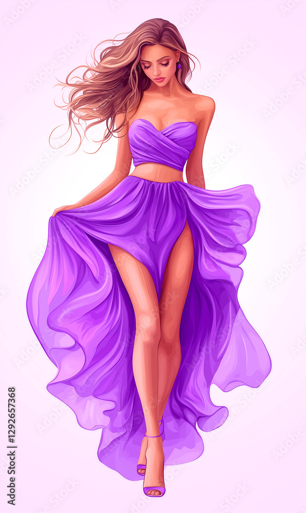 Woman in a purple dress is shown in a painting. The dress is long and flowing, and the woman is holding it up. The painting has a dreamy, ethereal quality to it, with the woman's dress Woman in a purple dress is shown in a painting. The dress is long and flowing, and the woman is holding it up. The painting has a dreamy, ethereal quality to it, with the woman's dress