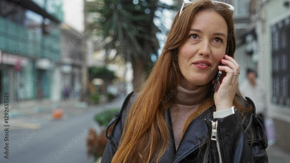 Woman talking on phone in urban street setting outdoors wearing leather jacket with red hair showcasing beauty and modern lifestyle in the city during day. Woman talking on phone in urban street setting outdoors wearing leather jacket with red hair showcasing beauty and modern lifestyle in the city during day.
