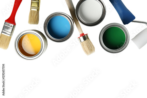 Fototapeta Naklejka Na Ścianę i Meble -  PNG, Paint, cans of paint and painting tools, top view, with space for text, isolated on white background