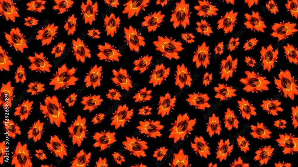 A pattern of vibrant orange and red flowers on a black background. A pattern of vibrant orange and red flowers on a black background.