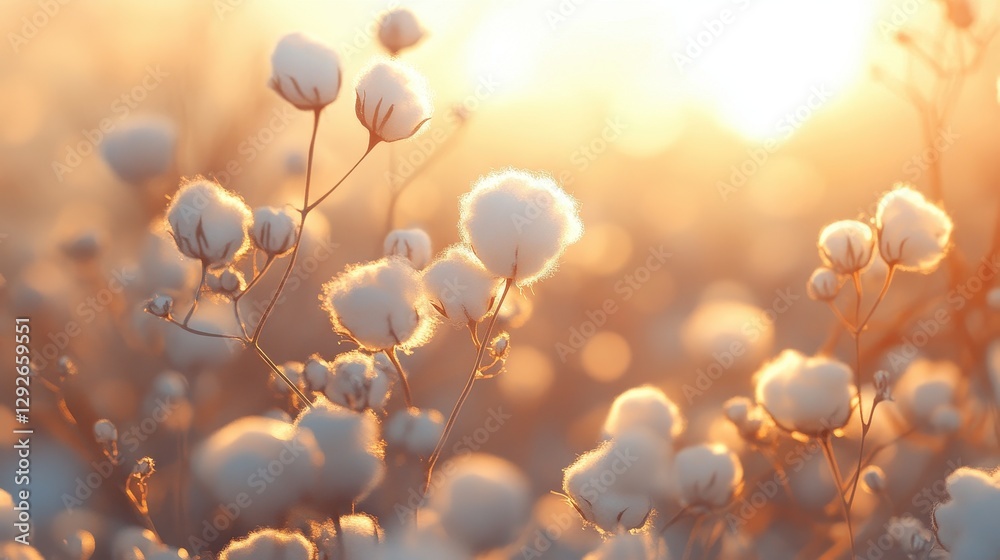 Fototapeta premium Golden hour illuminates fluffy cotton bolls. Perfect for textile, fashion, or nature themes.