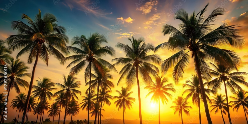 Palm tree silhouettes against a warm sunlit sky with soft breeze rustling leaves in summer, trees, green, trees, green, sunlit Palm tree silhouettes against a warm sunlit sky with soft breeze rustling leaves in summer, trees, green, trees, green, sunlit