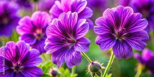 Vibrant purple geranium flowers unfolding their delicate petals in response to sunlight, showcasing their unique shape and intricate details , Flowers Unfolding, Nature