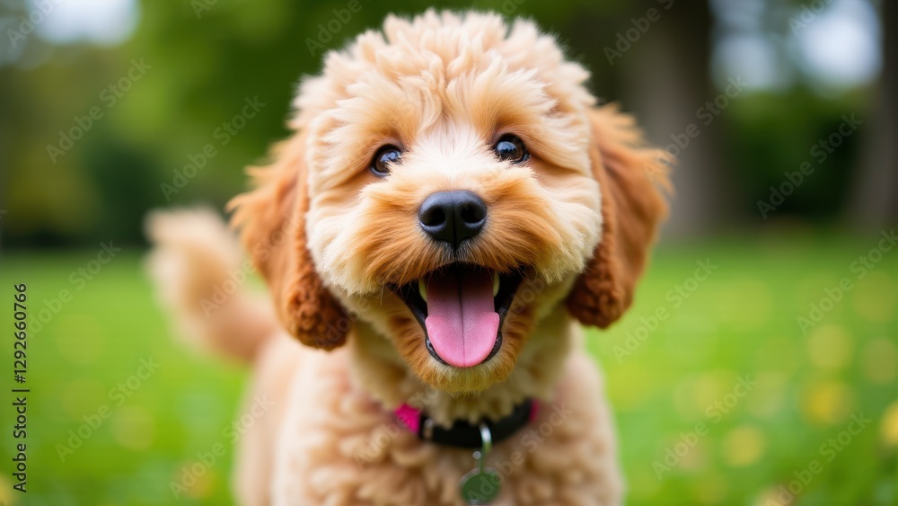 A fluffy double doodle dog with a curly coat and a pink collar is standing on green grass, looking directly at the camera with its tongue out A fluffy double doodle dog with a curly coat and a pink collar is standing on green grass, looking directly at the camera with its tongue out