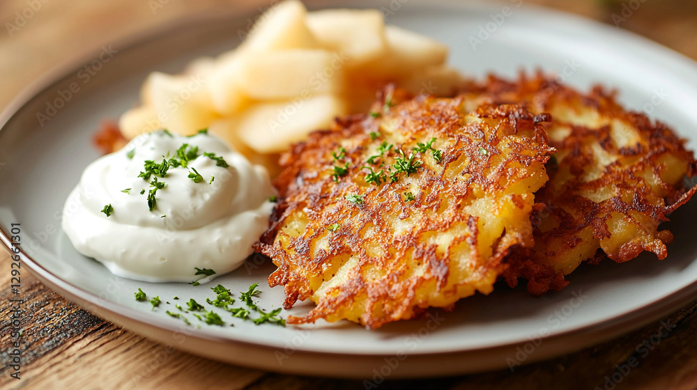 crispy potato pancakes with applesauce and sour cream garnish eat food dish side dish meal crispy potato pancakes with applesauce and sour cream garnish eat food dish side dish meal