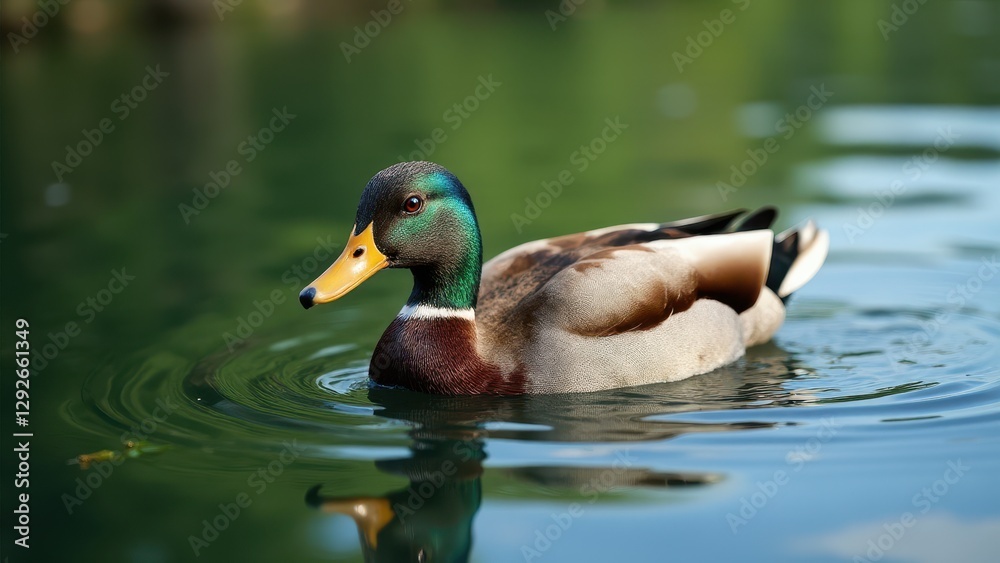A duck with a green head and yellow bill is swimming in a calm pond, creating gentle ripples in the water.