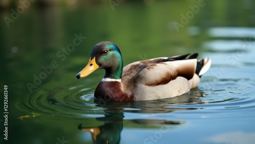 Obraz na płótnie A duck with a green head and yellow bill is swimming in a calm pond, creating gentle ripples in the water. w salonie