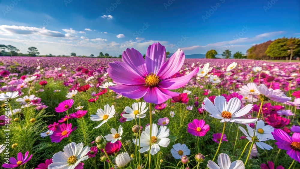 Large area of Cosmos bipinnatus flower fields with vibrant purple and white flowers under a clear blue sky, countryside, flowers in the field Large area of Cosmos bipinnatus flower fields with vibrant purple and white flowers under a clear blue sky, countryside, flowers in the field