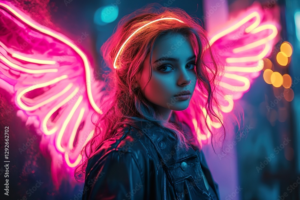 Beautiful young woman with neon wings and headband glows Beautiful young woman with neon wings and headband glows