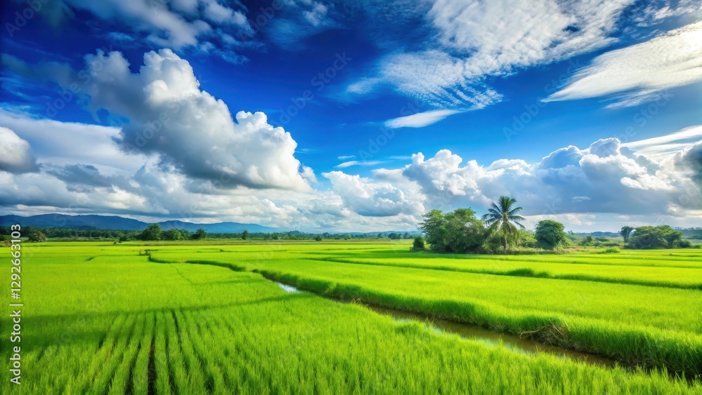 Fototapeta premium Tranquil scene of lush green rice fields stretching as far as the eye can see under a bright blue sky with a few fluffy white clouds , countryside, rural life