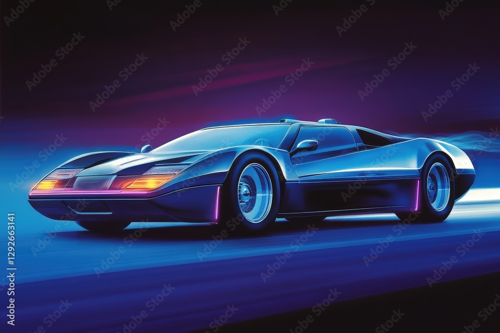 A futuristic 1980s concept car design with neon underglow and angular shapes A futuristic 1980s concept car design with neon underglow and angular shapes
