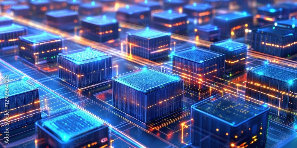 A futuristic data center with endless rows of glowing servers A futuristic data center with endless rows of glowing servers